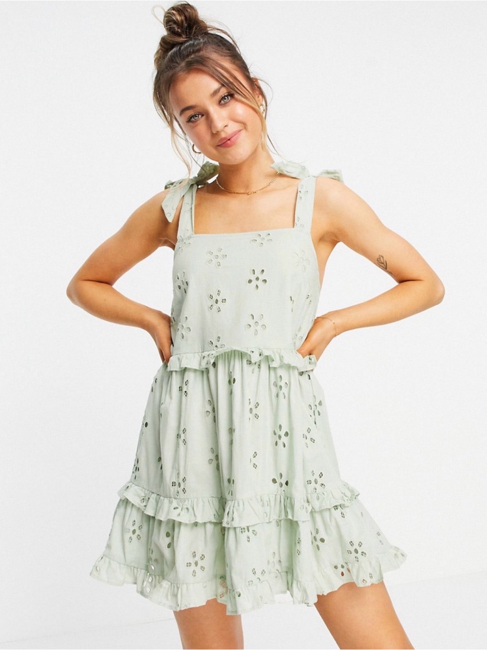 ASOS Light Sage Eyelet Tie-Shoulder Tiered Mini Dress